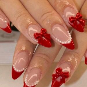 Red Bow Nail Art Decorations 24 Pcs Pressed On Nails